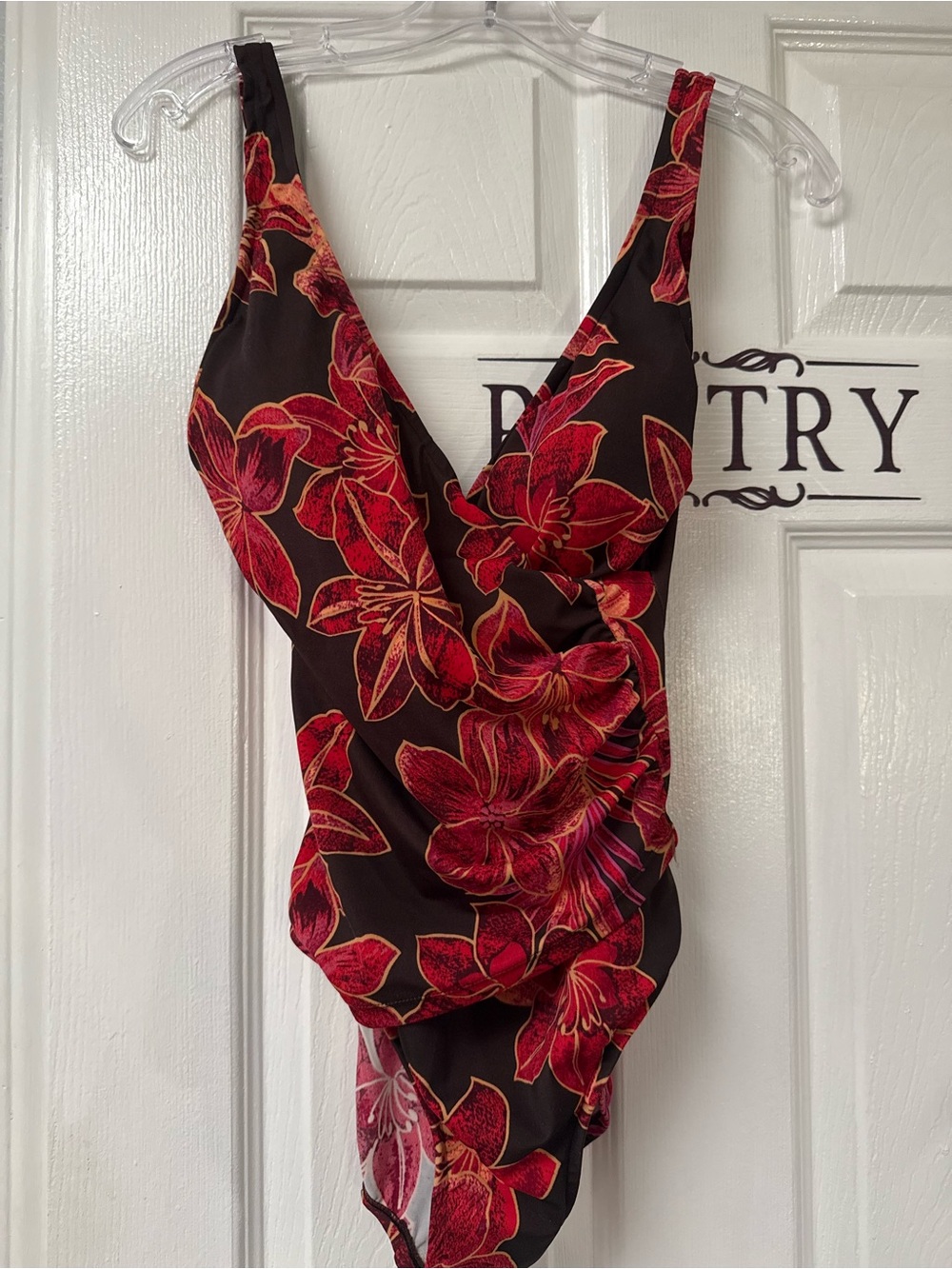 Jantzen Black One-Piece Swimsuit with Red Floral Print